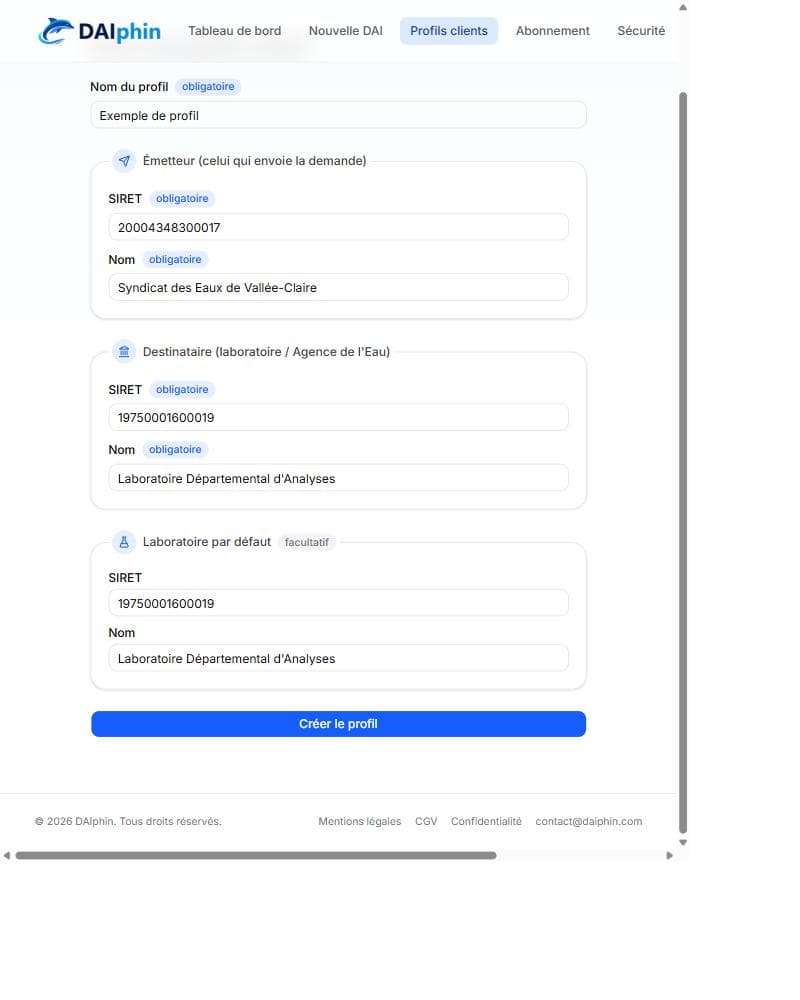 Formulaire de création d'un profil client, rempli avec un exemple