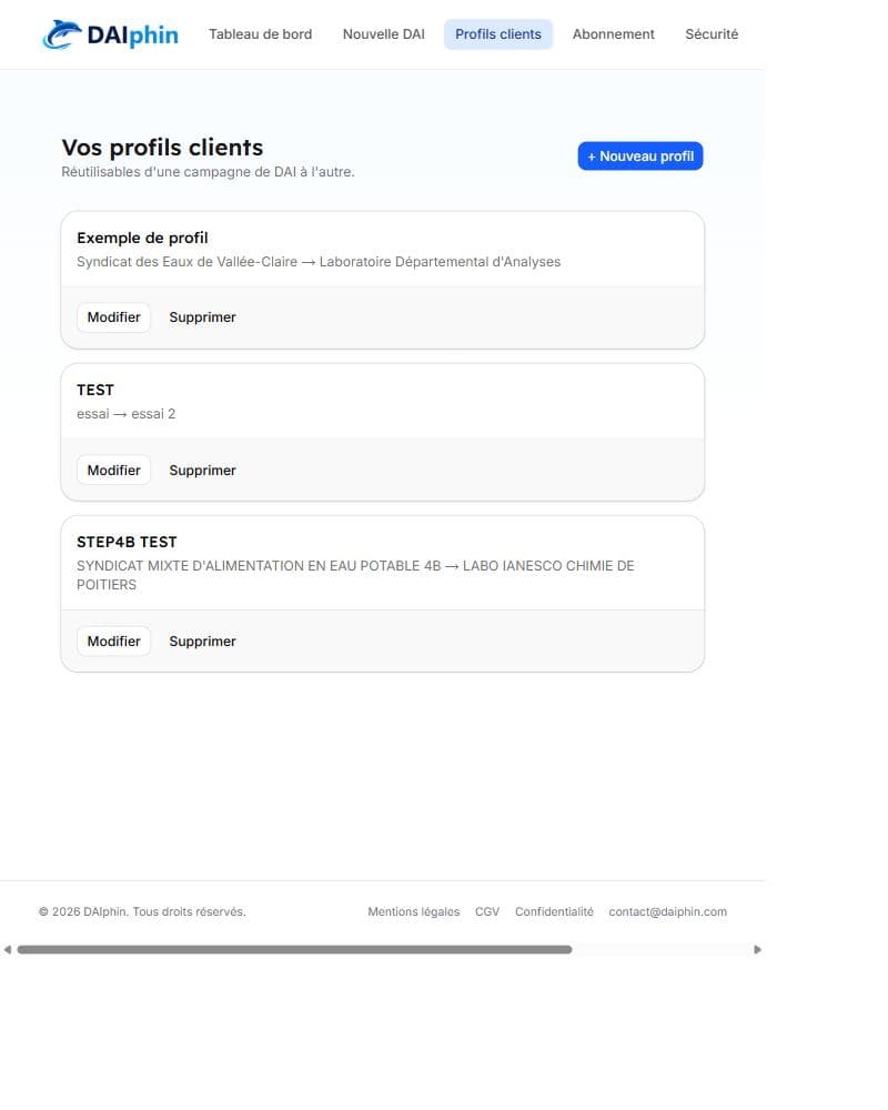 Liste des profils clients après création