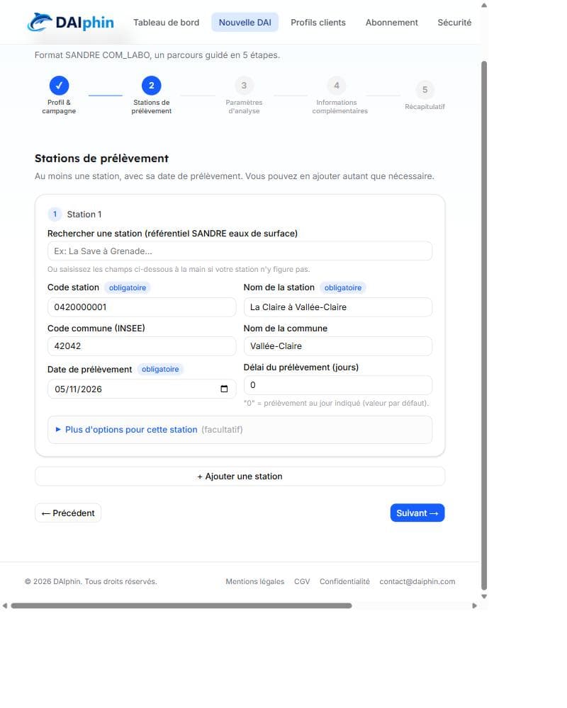 Étape 2 : Stations de prélèvement, remplie avec un exemple