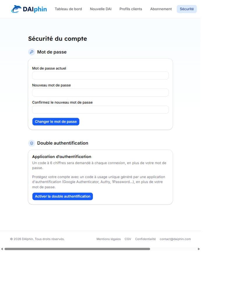 Page Sécurité du compte